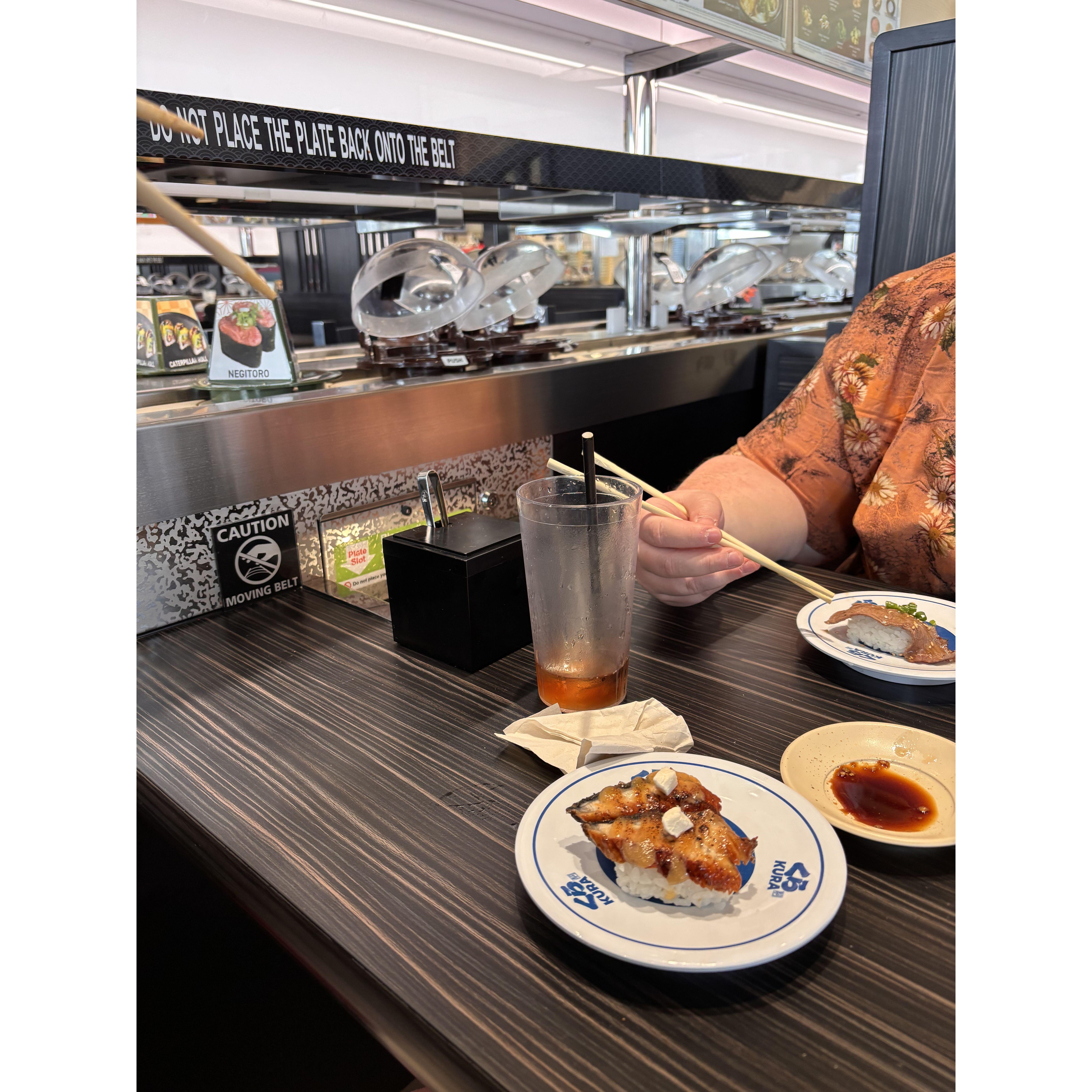 I drag Kelly to eat sushi with me so much. She doesn't like seafood at ALL so truly a trooper when she lets it happen. Here's to kelly & her cooked beef nigiri so that I can eat 8 plates of salmon -C