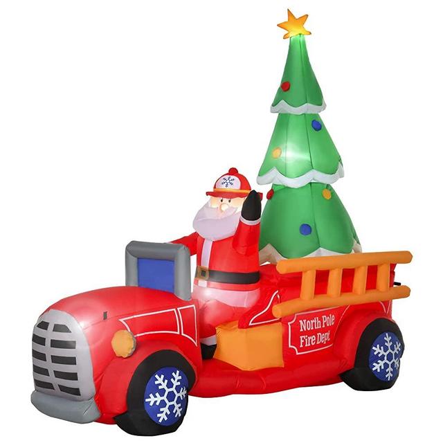 HOMCOM 7.5ft Christmas Santa Inflatable Fire Truck Decoration with LED Lights, Automatic Inflation for Front Yard