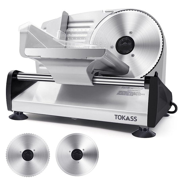 TOKASS Meat Slicer, 200W Electric Slicer For Home Use with 2pcs 7.5'' Stainless Steel Blades, Electric Deli food Slicer, Adjustable Thickness for Meat, Cheese, Bread, Easy Clean (200W-Bright Silver)