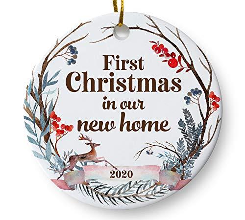 First Christmas in Our New Home 2020 Christmas Ornament, Whimsical Woodland Ornament, Housewarming Gift, Homeowner Present, 3" Flat Ceramic Ornament with Gift Box