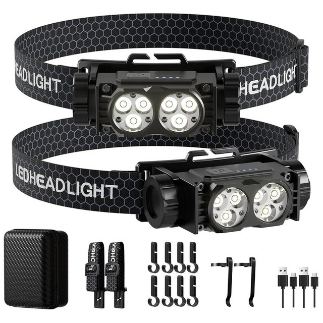 Headlamp Rechargeable 2PCS, 4500 Lumen Ultra-Light Bright LED Rechargeable Headlight with White Light, Waterproof Head Lamp with Headband for Outdoor Camping, Hiking, camping essentials,Working(Black)
