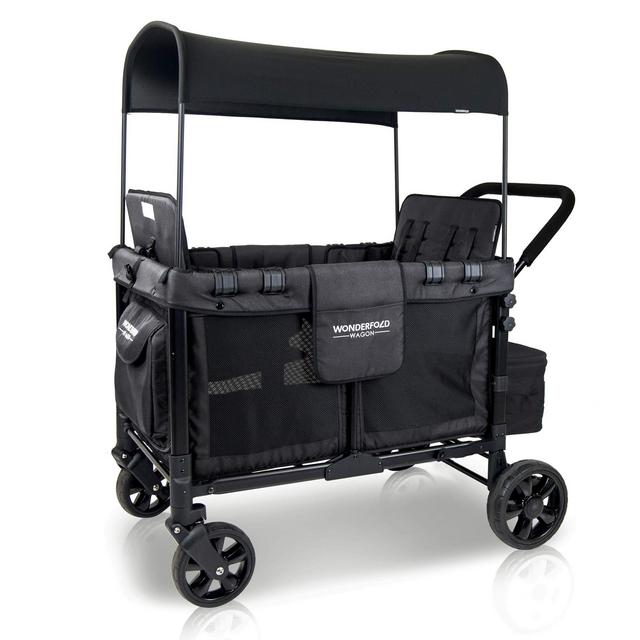 WONDERFOLD W4 4 Seater Multi-Function Quad Stroller Wagon with Canopy, Black