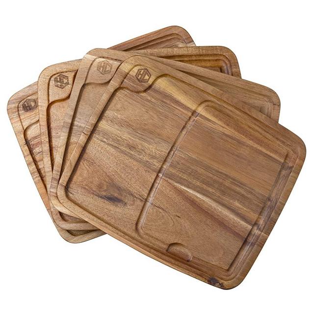 HexClad 4 Piece Bistecca Square Wooden Steak Plate Set with Juice Channel for Your Porterhouse, Ribeye, Burger - Easy Cleaning and Lightweight for Dishes, Snack, Dessert, Unbreakable Classic Plate