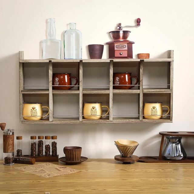 Colingmill Oversize Coffee Mug Display Rack Wooden Display Shelves Rustic Wooden Floating Curio Shelf Coffee Mug Rack Holder Wall Mounted Shot Glass Display Case for Collectible Travel Cup Shadow Box