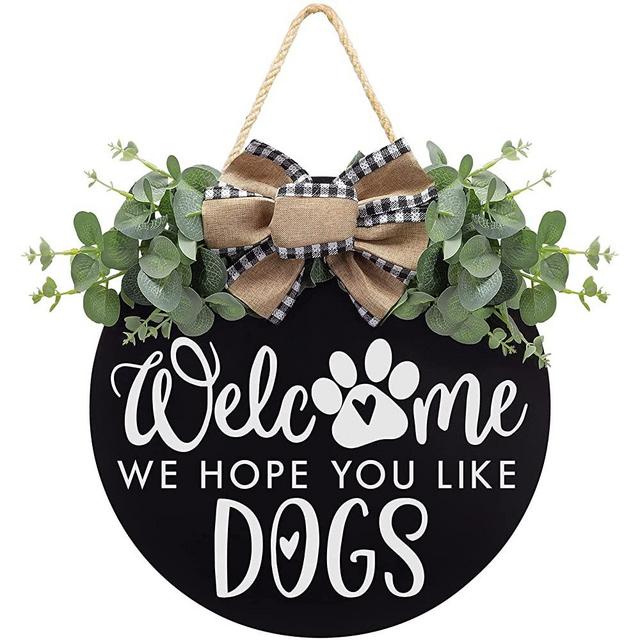 Welcome We Hope You Like Dogs Farmhouse Door Sign for Front Door Decor with Eucalyptus Leaves and Buffalo Plaid Bow - Welcome Dogs Wreath Sign Door Hanger for Dogs Lovers Housewarming Gift Home Décor