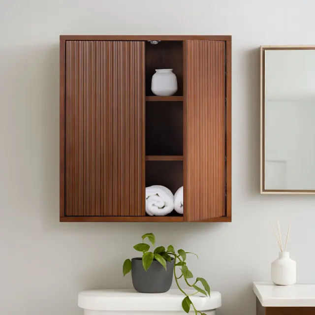 Tremolo Modern Boho 2-Door Wall Cabinet with Solid Wood & Contemporary Fluted Fronts - Teamson Home