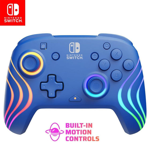 PDP Afterglow Wave Wireless RGB Gaming Controller - Nintendo Switch/Switch Lite/Switch - OLED Model, Nintendo Switch 2, LED Lighting, Rechargeable Battery - Blue
