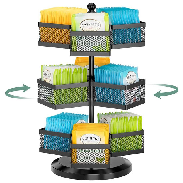 EsLuker.ly Tea Bag Organizer Rack for Countertop, Spinning Carousel 3-Tier Packet Storage Holder, Teabag Organizer Station with Easy Access, Space-Saving Tea Display Stand for Kitchen & Office, Black