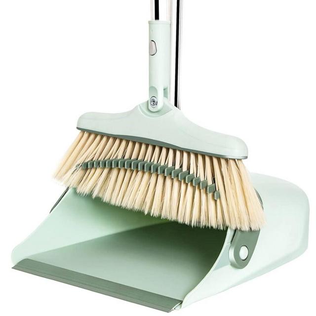 Broom and Dustpan Set for Home, Long Handle Dust Pan and Broom Combo for Indoor Outdoor Heavy Duty Broom Dustpan Set for Kitchen Lobby Office Upright Standing Dustpan with Teeth (Green)