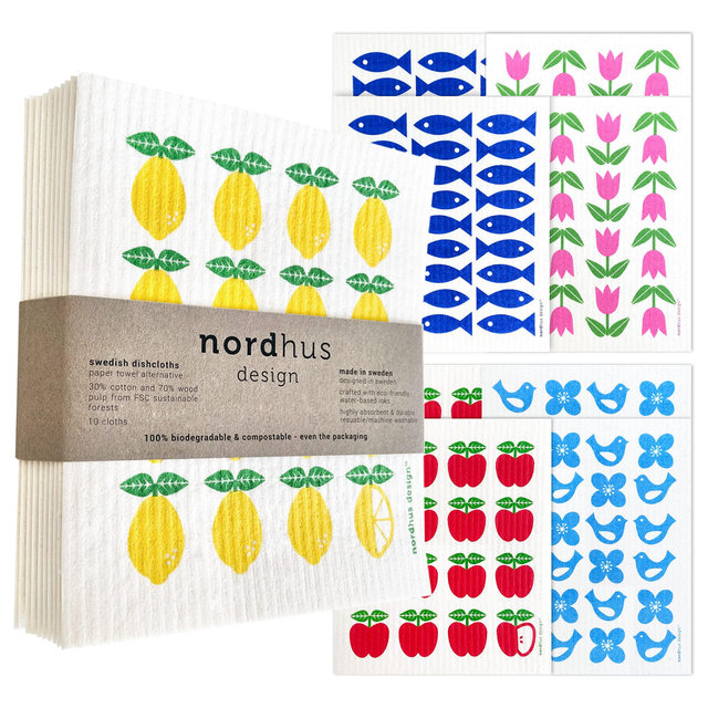 Nordhus Design Swedish Dishcloths: Original Reusable Quick Drying Cellulose Sponge Cleaning Cloths Replace Paper Towels, Dish Sponges and Dish Rags- Swedish Dish Clothes Set of 10
