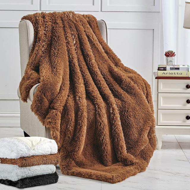 Plush Faux Fur Throw Blanket, Large Brown Throw Blanket for Couch and for Bed, Super Soft Long Hair Shaggy Blanket, Thick, Elegant, Cozy and Fluffy Minky Blanket 50''×60''