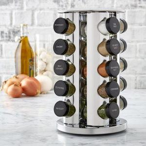 Kamenstein 20 Jar Revolving Countertop Spice Rack with Spices Included, FREE Spice Refills for 5 Years, Polished Stainless Steel with Black Caps, 30020
