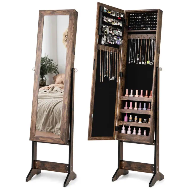 Costway Jewelry Mirrored Cabinet Armoire Organizer Storage Box with Stand Christmas Gift Brown
