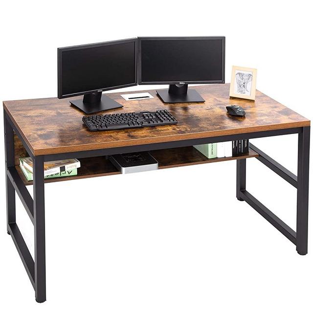 TOPSKY 55" Computer Desk with Bookshelf/Metal Desk Grommet Hole Cable Cover (Industrial/Rustic Brown)