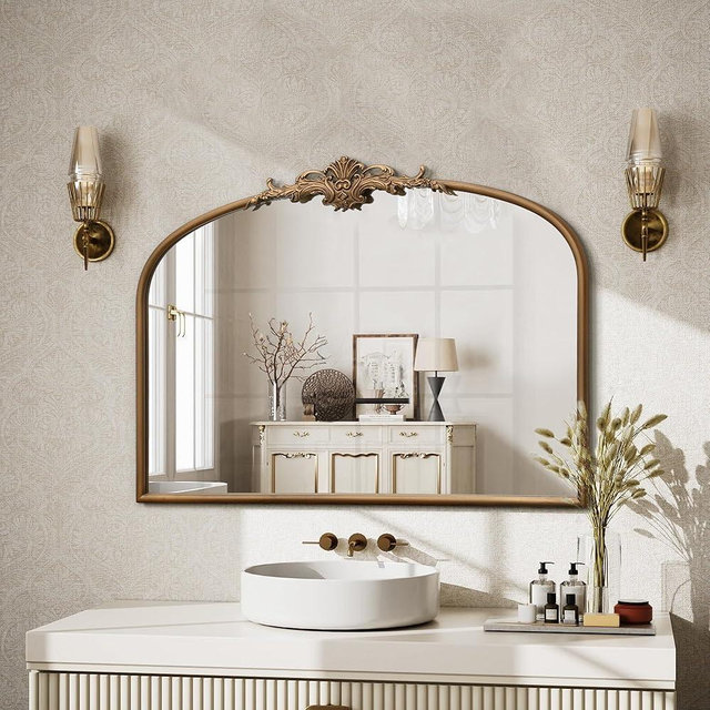Besdomus Vintage Arched Gold Mirror: 32"x24" Large Gold Vintage Wall Mounted Mirror - Baroque Traditional Ornate for Entryway/Fireplace/Bathroom/Hallway - Home Decor for Fashion-Conscious
