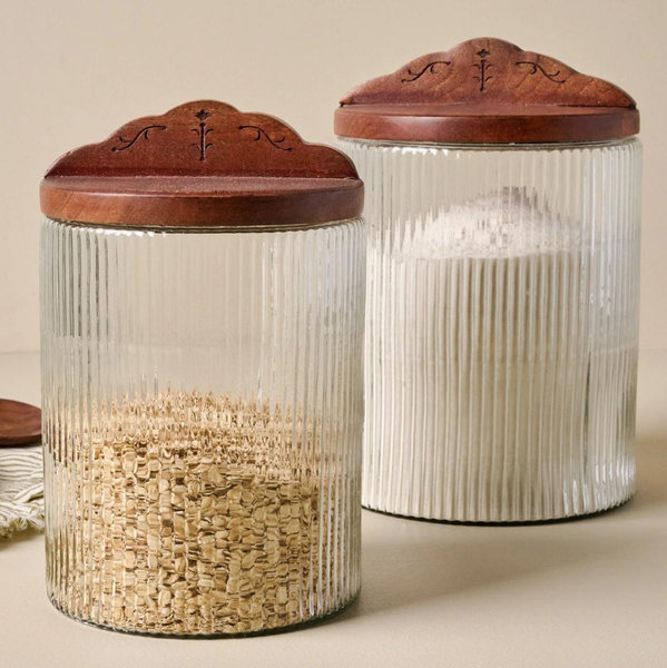 Large Antiqued Wood Ribbed Glass Canister
