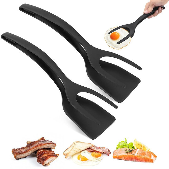 ZONZEST Egg flipper spatula tongs Set of 2 PCS - 2 in 1 Grip and Flip Spatula Tong Use Non-Stick kitchen flipper spatula for Bread Fish Pancake Toast Home Kitchen Cooking Tool (Black + Black)
