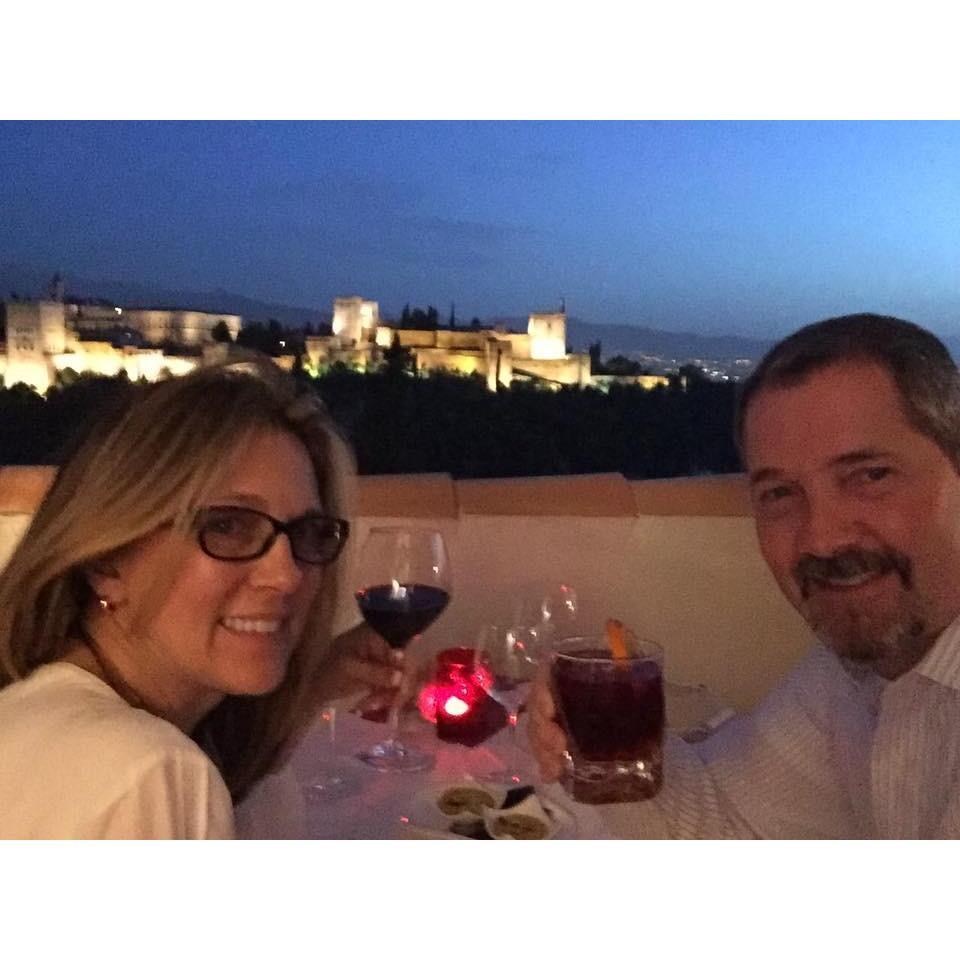 Celebrating Gary's birthday in Granada with The Alhambra in the background.