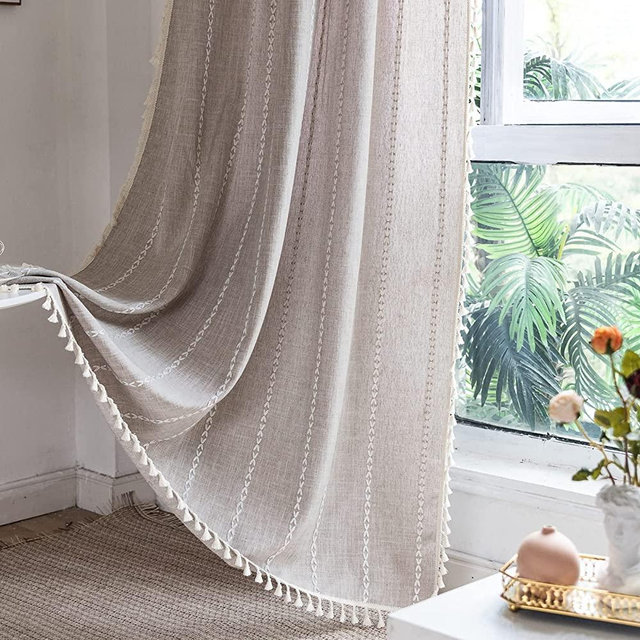 RoomTalks Boho Farmhouse Curtains for Bedroom Living Room 84 Inch Length in Tan French Cabin Rustic Country Cute Cotton Linen Window Curtain Panels Bohemian Chic Tassel Draperies, 84’’L x 52’’W