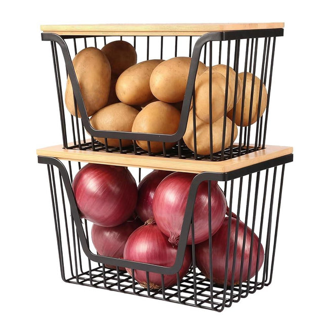 2 Pack Onion and Potato Storage Bins, Stackable Pantry Organizers Storage, Large Wire Storage Basket for Onion, Potato, Fruit, Vegetables
