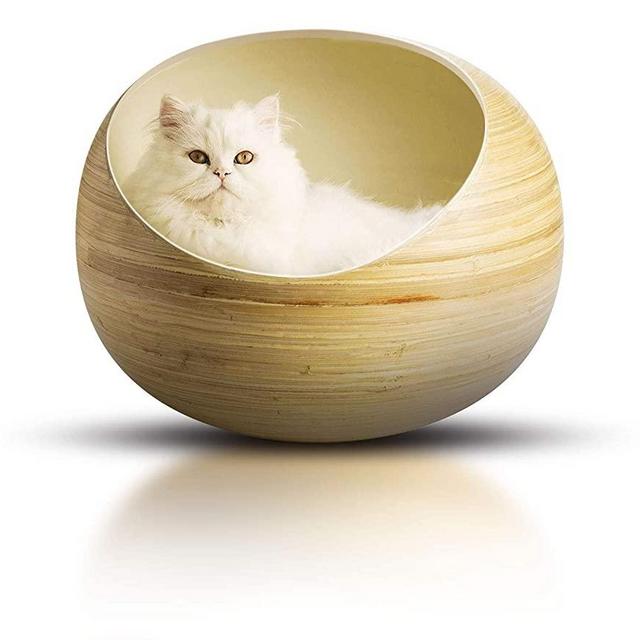 Fhasso Luxury Bamboo Cat Bed - Eco-Friendly, Natural, Handmade Cat Cave Bed with Washable Velvet Cushion - Enclosed Premium Pet Bed - Modern, Decorative Design