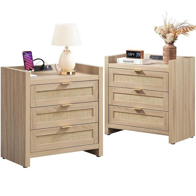 SICOTAS Rattan Nightstands Set of 2 Bedside Table : Wood Night Stand with Type-C Charging Station, 3 Drawers Storage - Boho Night Stands End Table for Bedroom - Light Oak