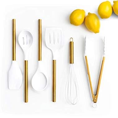 White Silicone and Gold Cooking Utensils for Modern Cooking and Serving, Stainless Steel Gold Serving Utensils - Spatulas for Non Stick Cookware
