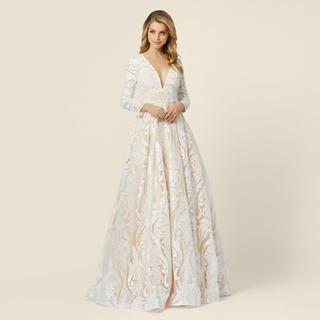 Long Sleeve Burnout Damask A-Line Gown