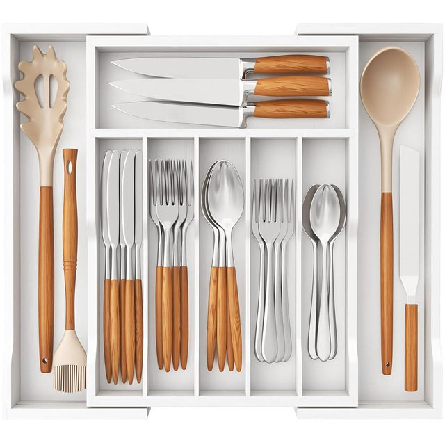 Lifewit Silverware Drawer Organizer, Expandable Utensil Tray for Kitchen, Flatware and Cutlery Holder, Wood Adjustable Storage for Spoons Forks Knives, 13-22x15/ 33-56x38cm, White