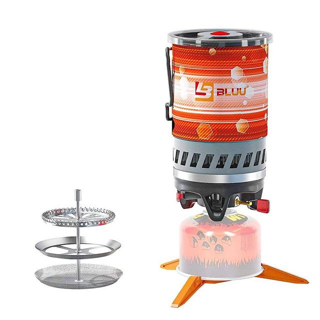 BLUU SOLO Backpacking Camping Propane Stove, Outdoor Portable Camp Gas Stoves Burner with Pot and French Coffee Press, Hiking Hunting Fishing Emergency & Survival (0.9-Liter)