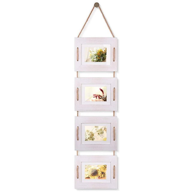 DLQuarts Hanging Picture Photo Frames 4-Frame Collage 5x7 Without Mat & 3.5x5 with Mat, Rustic Wood Vintage White