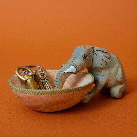 Kenya Hand Carved Jacaranda Wood Drinking Elephant Trinket Bowl
