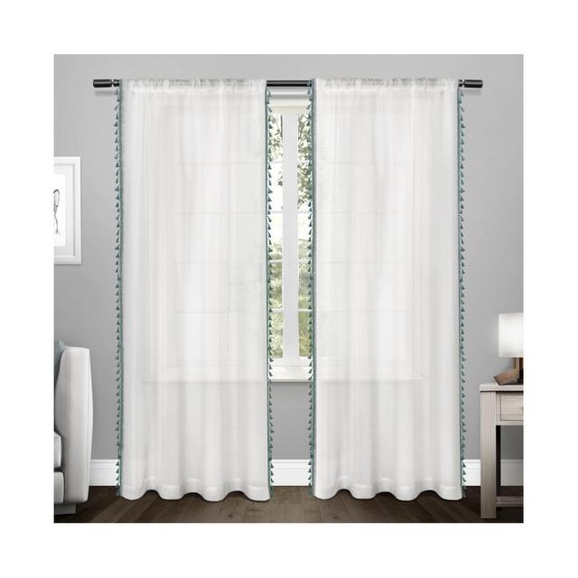Set of 2 84"x54" Tassels Textured Bordered Tassel Applique Rod Pocket Sheer Window Curtain Panel Teal Home - Exclusive Home