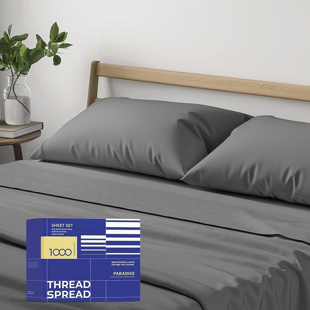 THREAD SPREAD 100% Egyptian Cotton Sheets Queen Size - 1000 High Thread Count, 4 PC Luxury Hotel Sheets for Queen Bed, 16" Deep Pocket Sateen Soft Cooling Bedding Sets - Charcoal