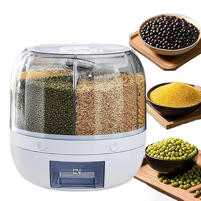 Wnnideo Rotating Grain Storage Bin 6 Grids Rice Container One-Click Output Large Capacity Food Dispenser For Rice Grains or Pet Food Sealed Moisture Proof Organizer (Large)