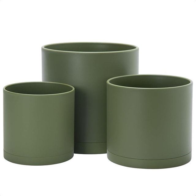 D'vine Dev 6.5 Inch 8 Inch 10 Inch, Set of 3 Plastic Planter Pots for Plants with Drainage Hole and Seamless Saucer, Olive, Large, 74-V-I-4