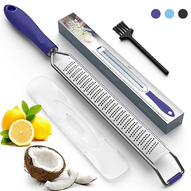Citrus Zester & Cheese Grater - Perfect to Parmesan Cheese, Lemon, Ginger, Garlic, Nutmeg, Vegetables, Fruits – Razor-Sharp Stainless Steel Blade Protective Cover - Dishwasher Safe, Purple