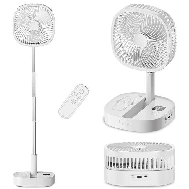 Dhenrio Portable Oscillating Pedestal Fan with Romote, 4 Speed 120° Telescopic Rotation Foldable Standing Collapsible Fans, 7200Mah Rechargeable, Quiet Timer DeskFan for Travel Outdoor Camping, White