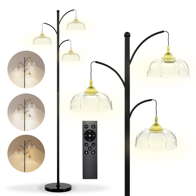 SUGIFT Modern Dimmable Floor Lamp Adjustable 3-Head Design Standing Lamp with Elegant Petal Lampshade, LED Bulbs Included, for Living Room or Bedroom
