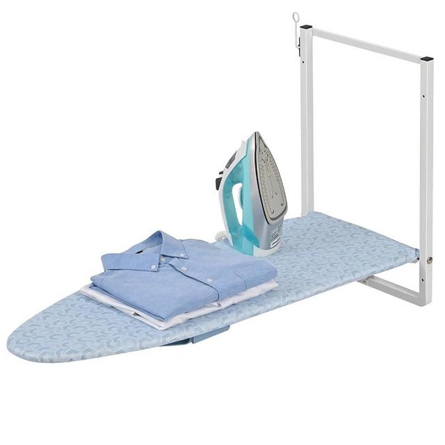 KINGBOARD Wall Mounted Ironing Board with Iron Holder, Compact Ironing Board for Small Spaces, Foldable Iron Stand Heat Resistant Cover, 36" X 12" Light Blue