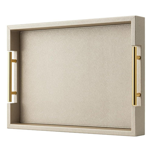 Khaki Faux Leather Serving Tray with Handles,17x12 inches, Large Decorative Tray for Ottoman Coffee Table Decor Living Room, Kitchen, Bathroom