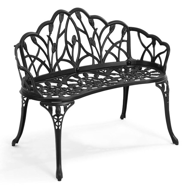Villeston Outdoor Bench, Cast Aluminum Double Seating with Backrest and Armrests, Mental Outdoor Furniture for Patio, Porch, Garden, Park, Black Tulip