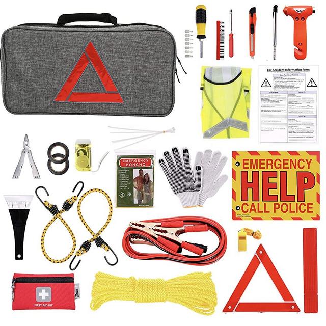 Thrive Car Emergency Kit with Jumper Cables + First Aid Kit | Auto Emergency Kit & Car Accessories | Roadside Vehicle Assistance | Car Tool Kit Bag | Road Trip Essentials (in Gray Bag)