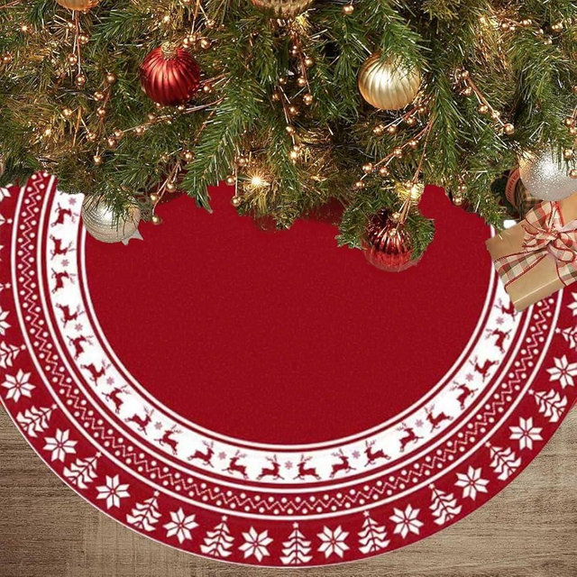 Lizuart Christmas Tree Skirt 48 Inches | Red Xmas Tree Skirt with Rustic Snowflake & Reindeer Pattern, Fits 5 to 7 Foot Trees, Perfect Christmas Decorations for Holiday Trees.