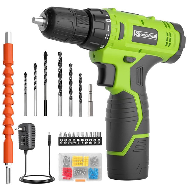 FADAKWALT Cordless Drill Set,12V Power Drill Set with Battery and Charger, compact Driver/Drill Bits, 3/8'' Keyless Chuck,21+1 Torque Setting, 180 inch-lbs, with LED Electric Drill Set (Green)