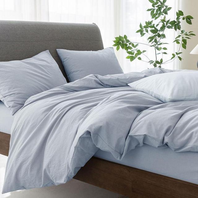 Elimmo Cooling Duvet Cover Set 3 Pieces-100% Washed Cotton Linen Like Textured Ultra Soft Cozy Bedding With Zipper Closure,Includes 1 Duvet Cover & 2 Pillow Shams(Light Blue,Super King Plus 120"x120")