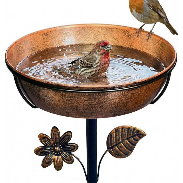 OUISJYER Metal Bird Bath for Outside, 3" Deep 12" Dia Removable Bowl, 36" H Garden Bird Bath | Stable 5-Prong Stake, Rust-Resistant, Easy Clean Outdoor Birdbath for Yard Lawn Patio
