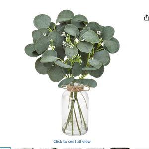 14" Artificial Eucalyptus Stems in Glass Vase with Faux Water, Fake Flowers Plants Indoor Kitchen Counter Coffee Table Centerpiece Faux Greenery for Bookshelf Home Bathroom Decorations and Accessories