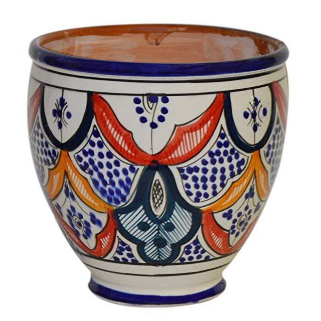 Flower Pot Moroccan Spanish Garden Drain Hole Ceramic Planter Handmade Multicolored