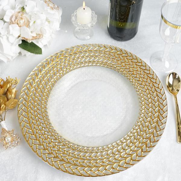 8 Pack - 13" Clear Round Decorative Glass Charger Plates with Silver and Gold Braided Rim